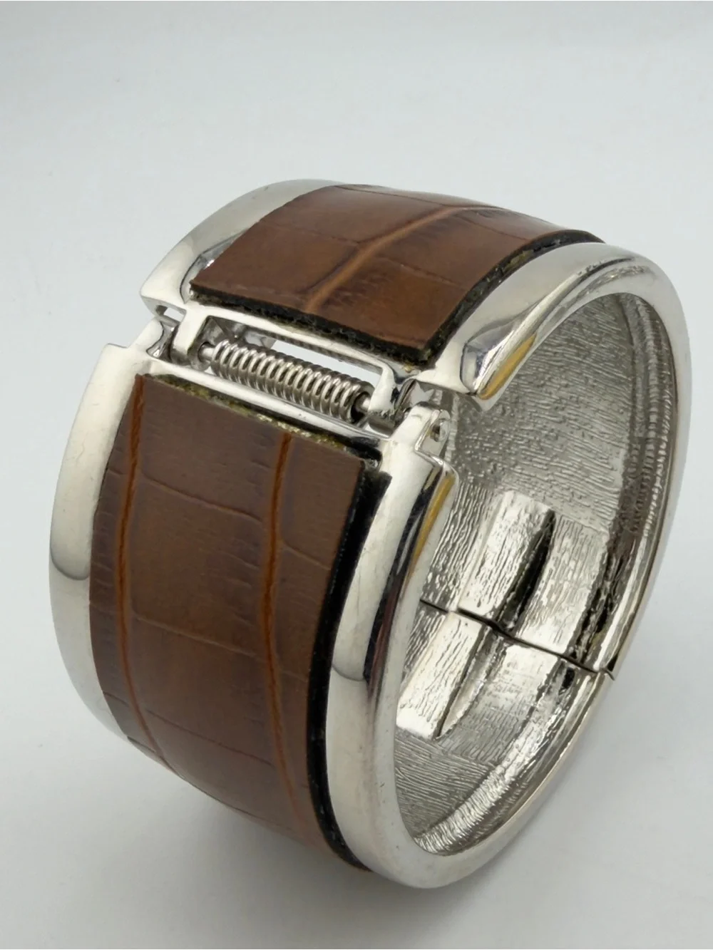 Silver-Toned Wide Cuff Clamper Bracelet with Brown Croc-Embossed Leather, 8-1/2”